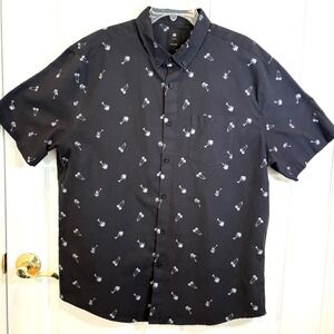 Visive Polo Shirt Men 2XL Black Button Up Collared  Short Sleeves Palm TreePrint